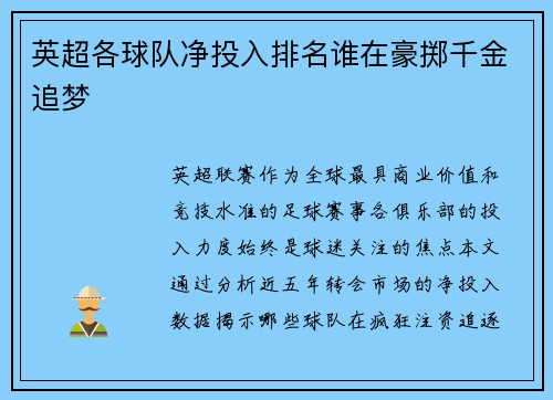 英超各球队净投入排名谁在豪掷千金追梦