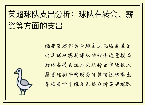 英超球队支出分析：球队在转会、薪资等方面的支出