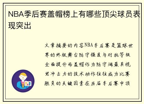 NBA季后赛盖帽榜上有哪些顶尖球员表现突出